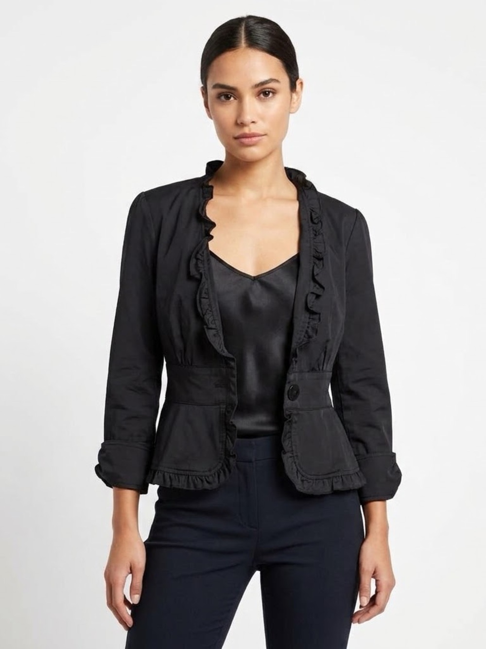 last kiss Black Ruffle-Trim Single-Button Blazer
